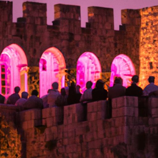 נוף מהמם של אירוע ערב במגדל דוד, כשהאורחים נהנים מהאווירה ההיסטורית.