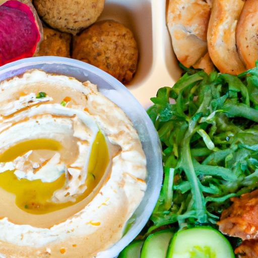 A photo of a traditional Israeli spread featuring hummus, falafel, and fresh salad