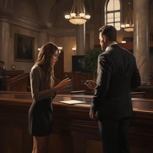עורך דין ולקוח מנהלים שיחה ברורה וממוקדת לפני הכניסה לאולם