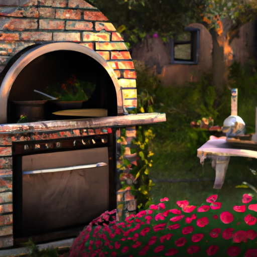 1. תמונה של גן יפהפה עם תנור פיצה כפרי כמרכזו.